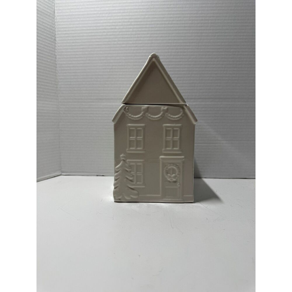 DesignPac White Ceramic Christmas Village House Cookie Jar Holiday Canister
